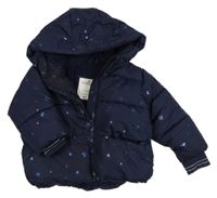 Tmavomodrá prošívaná šusťáková zimní bunda s hvězdičkami a kapucí Matalan