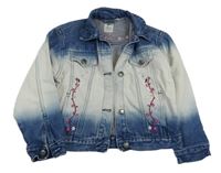 Modro-bílá batikovaná riflová crop bunda s květy a límečkem C&A