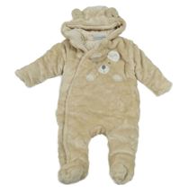 Béžová plyšová zateplená kombinéza s medvídkem a kapucí s oušky Topomini