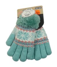 Nové - mentolovo-bílé zateplené prstové rukavice s vločkami a kožešinou 