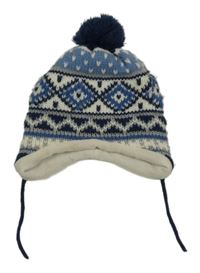Modro-bílo-šedo-tmavomodrá vzorovaná pletená čepice s bambulí C&A
