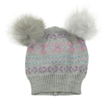 Šedá melírovaná vzorovaná čepice se třpytkami a bambulemi