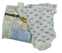 Nové - 2x - Body - Bílé s auty, světlemodré s nápisy George