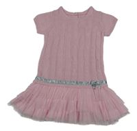 Světlerůžové žebrované vzorované pletené šaty s mašlí a třpytkami a tylovými volánky George