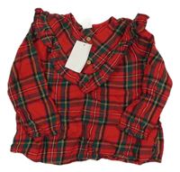 Nové - červeno--tmavozeleno-kostkovaná halenka s volánkem H&M