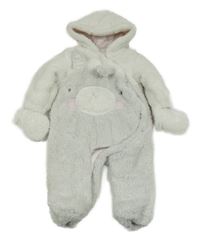 Světlešedo-bílá huňatá zateplená kombinéza s čumáčkem a kapucí + rukavice Next