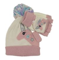 Nové - 2Set - Smetanovo-světlerůžová pletená čepice s jednorožcem a bambulí + překlápěcí rukavice Dreamer