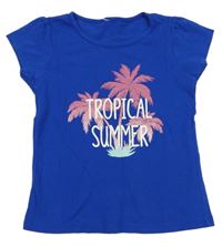 Královsky modré tričko s palmami a nápisy