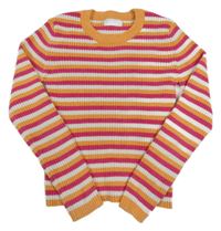 Oranžovo-malinovo-bílý pruhovaný žebrovaný žinylkový crop svetr PRIMARK