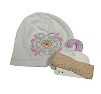 2set - Bílá bavlněná čepice s květinou + béžový puntíkatý slinták
