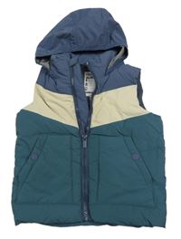 Petrolejovo-tmavomodro-béžová šusťáková zateplená vesta s kapucí Vertbaudet