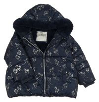 Tmavomodrá šusťáková zimní bunda s jednorožci a kapucí M&S