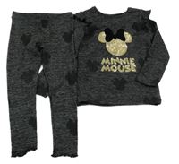 2set - Černo-šedé melírované úpletové triko s Minnie s flitry + legíny Disney