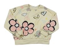 Béžová mikina s květinami a srdíčky Shein