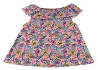 Neonově růžové tričko s listy a volánem Y.F.K.