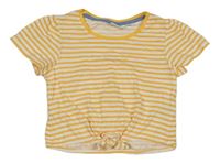 Žluto-bílé pruhované crop tričko s uzlem Alive