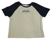 Béžovo-tmavomodré crop tričko s nápisem H&M