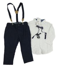 Nové - 3set - Bílá košile + tmavomodré plátěné kalhoty + pruhovaný motýlek H&M