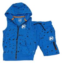 2set - Modrá vzorovaná tepláková propínací vesta s logem a kapucí - Nerf + teplákové kraťasy