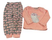 Meruňkovo-šedé chlupaté pyžamo s kočkou Primark