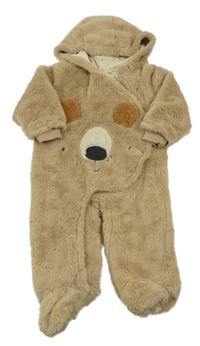 Hnědá chlupatá podšitá kombinéza s kapucí - medvěd Next