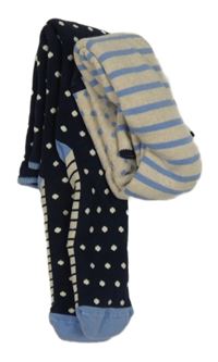 Nové - 2x tmavomodro-béžové puntíkaté/pruhované teplé podkolenky 
