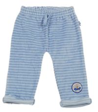 Modro-bílé pruhované sametové tepláky s nášivkou 