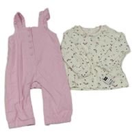 2set - Bílé květované triko + Růžový manšestrový kalhotový overal Dunnes Stores