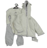 Nové - 3set- Šedá zateplená propínací oboustranná mikina s kapucí + tepláky + bílé body s otiskem Primark