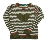 Khaki-bílý pruhovaný svetr se srdcem 