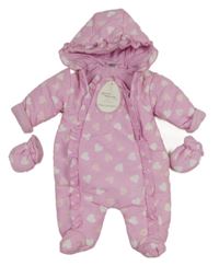 Nové - Růžová šusťáková zimní kombinéza se srdíčky a kapucí + rukavice 