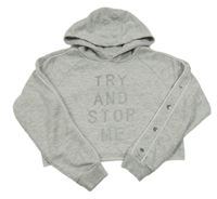 Světlešedá crop mikina s nápisem a kapucí 