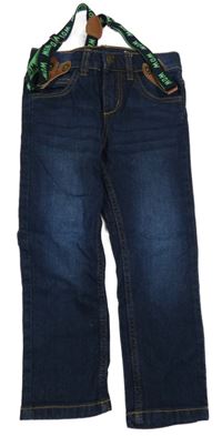 Tmavomodré slim fit rifle s kšandami Lupilu