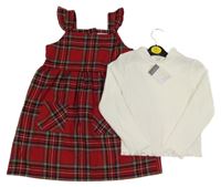 Nové - 2set - Bílé žebrované crop triko + červeno-černo-tmavomodré kostkované šaty Primark