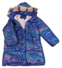 Fialovo-modro-zelený lesklý šusťákový zimní kabát s kapucí s kožešinou 