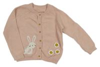 Růžový propínací svetr s králíkem a 3D květy George