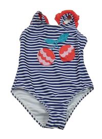 Bílo-tmavomodro-jahodové pruhované jednodílné plavky s třešněmi 