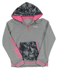 Šedo-černo-neonově růžová mikina s nápisy a vzorovanou kapucí Everlast