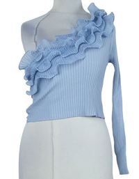 Dámský světlemodrý žebrovaný asymetrický crop top s volánky Zara 