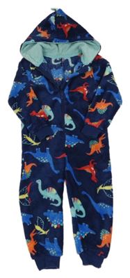 Tmavomodrá plyšová kombinéza s dinosaury a kapucí 