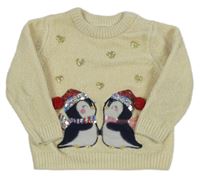 Vanilkový žinylkový svetr s tučňáky C&A