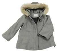 Šedý vlněný lehce zateplený kabát s kapucí Zara