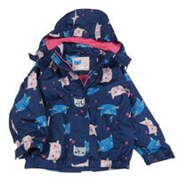 Tmavomodrá šusťáková jarní bunda s kočkami a kapucí 