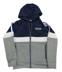 Tmavomodro-bílo-šedá sportovní propínací mikina s nápisem a kapucí Pep&Co