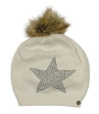 Smetanová pletená čepice s hvězdičkou z kamínků a bambulí 