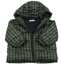 Khaki-černá kostkovaná šusťáková zateplená bunda s kapucí Mango