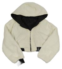 Smetanová kožešinová zateplená oboustranná crop bunda s kapucí