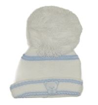 Bílo-modrá pletená čepice s bambulí a medvídkem