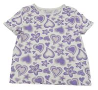 Bílo-fialové srdíčkované tričko s kytičkami Primark 