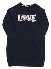 Tmavomodrá šatová mikina s nápisem a jednorožcem H&M